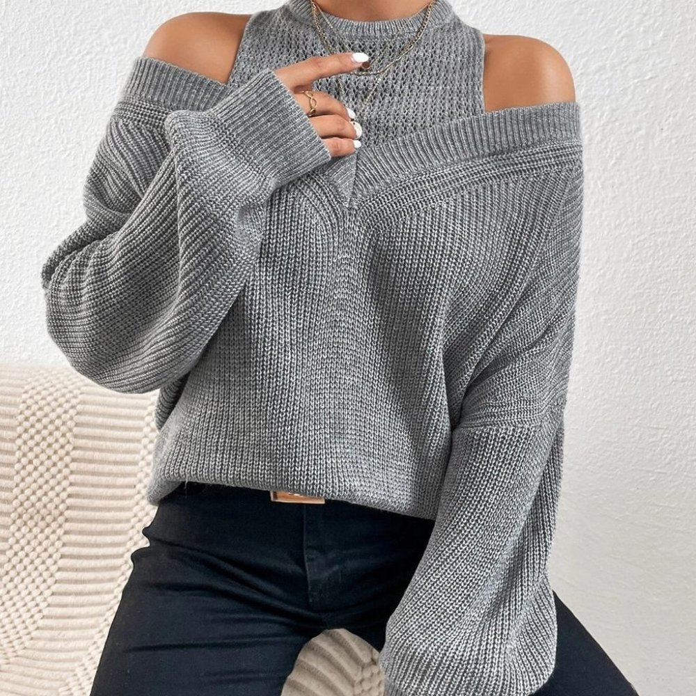 Cold Shoulder Lantern Sleeve Sweater gray - Picture 2 of 5